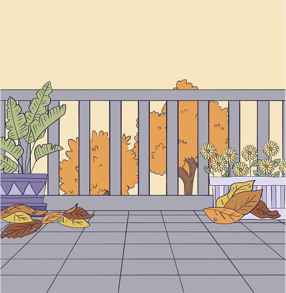 Escenario de «Un día de otoño»: el balcón de la casa, con baranda, plantas en macetas y hojas secas.