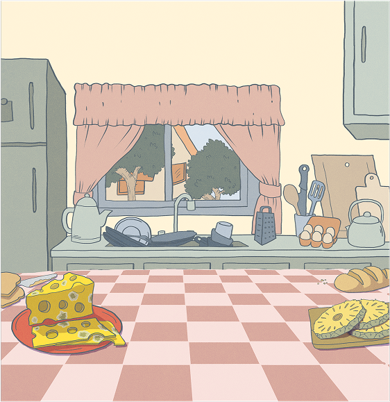 Escenario de «No me quites el queso»: la cocina, con piso a cuadros rosas, una ventana con cortinas y un trozo de queso.