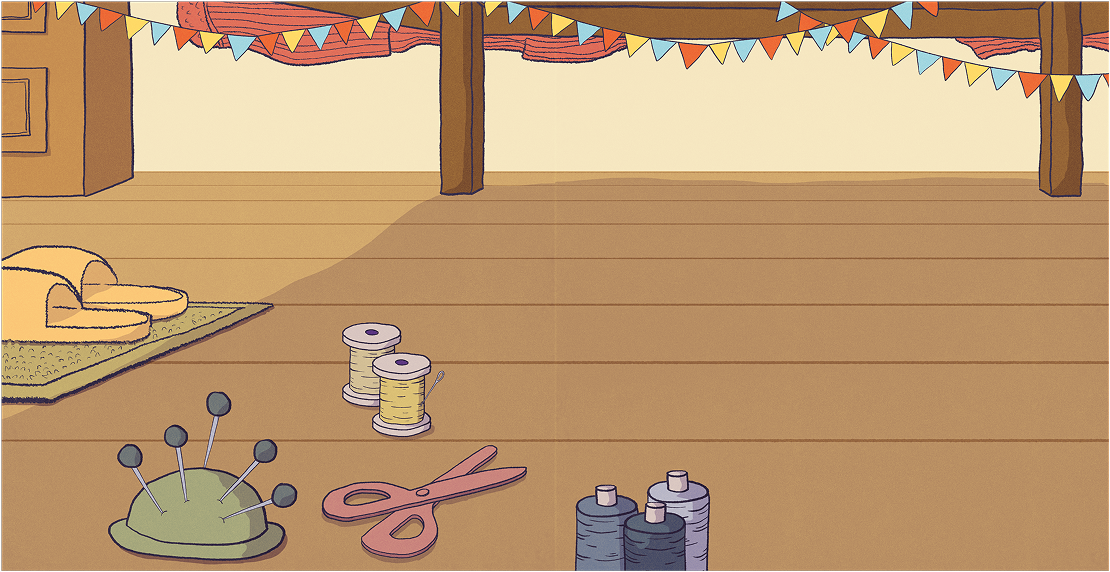 Escenario de «Quick, Quilt, Go!»: debajo de la cama, un piso de madera con banderines, carretes de hilo, tijeras y un alfiletero.