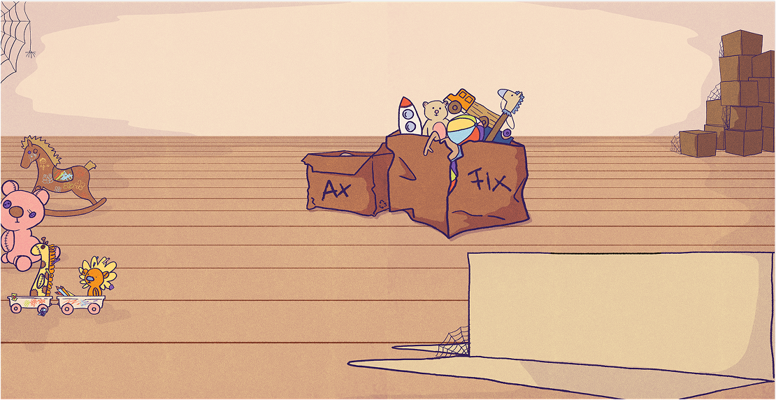 Escenario de «Ax or Fix?»: el ático, con cajas marcadas Ax y Fix, juguetes antiguos y un caballito de madera.
