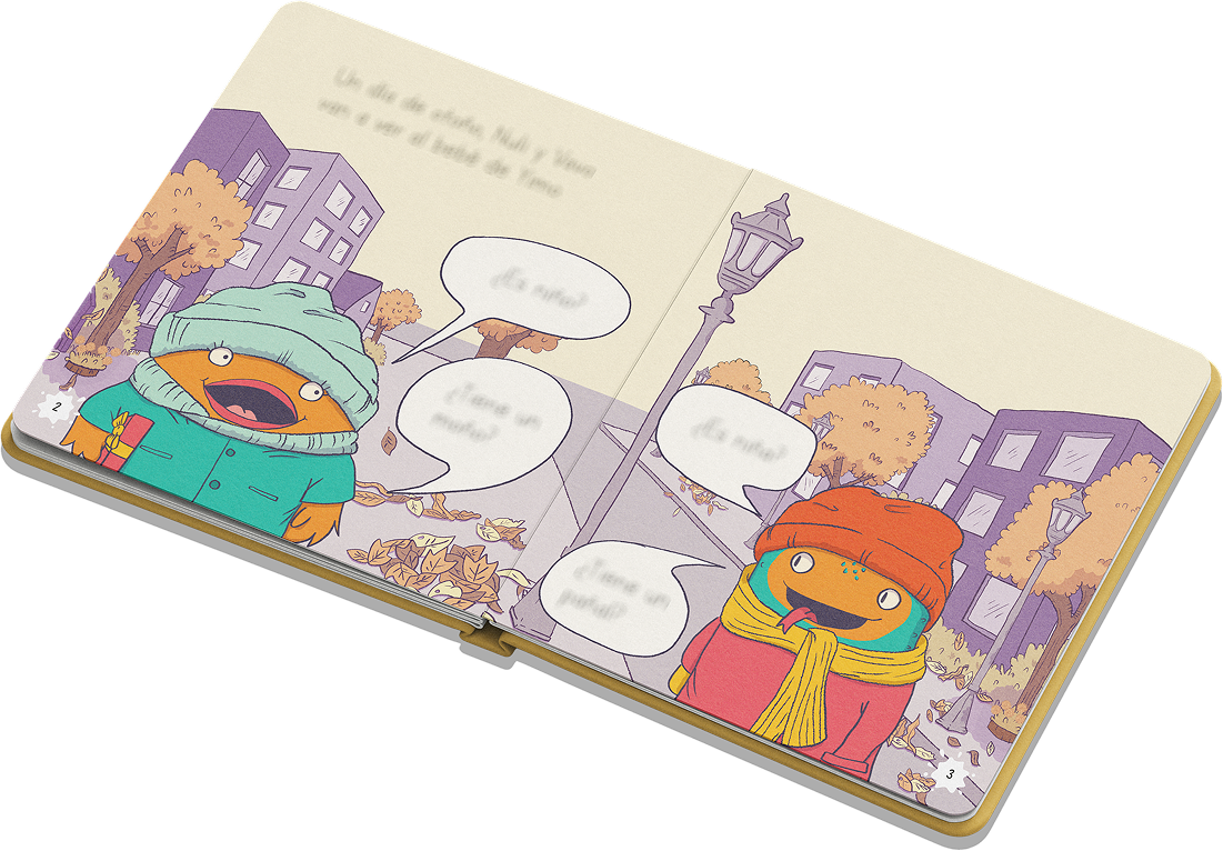 Páginas a color de «Un día de otoño»: las criaturas abrigadas conversan en la calle otoñal.