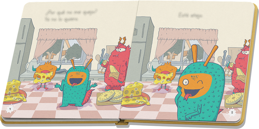 Páginas a color de «No me quites el queso»: las criaturas en la cocina, alrededor del queso.