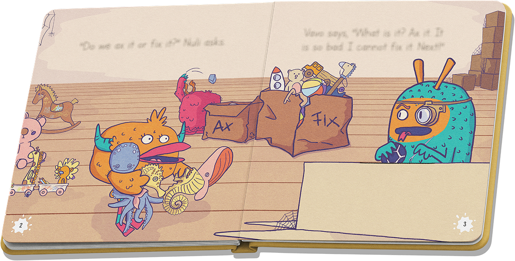 Páginas a color de «Ax or Fix?»: las criaturas revisan las cajas de juguetes del ático.