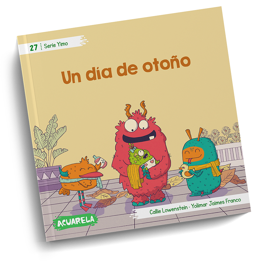 Tapa de «Un día de otoño», libro 27 de la Serie Yimo: tres criaturas peludas de colores en un balcón con hojas secas.