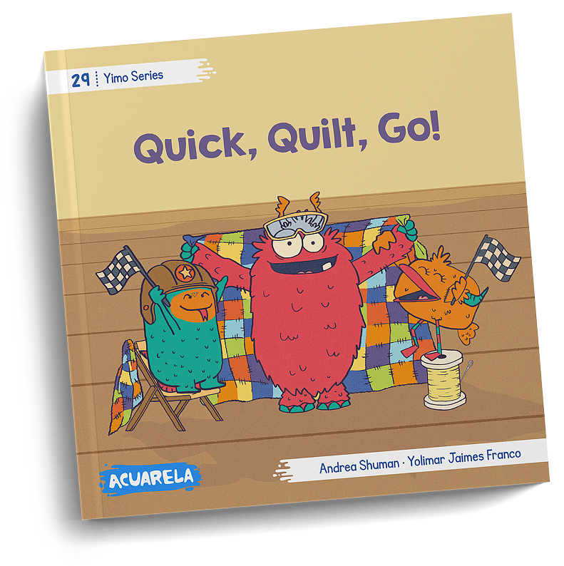 Tapa de «Quick, Quilt, Go!», libro 29: Yimo, la criatura roja, sostiene una colcha de retazos entre banderas de carrera.