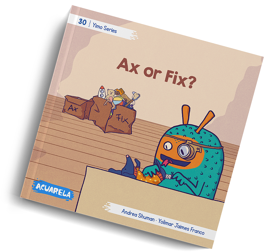 Tapa de «Ax or Fix?», libro 30: Vavo, la criatura verde, con una lupa frente a cajas de juguetes en el ático.